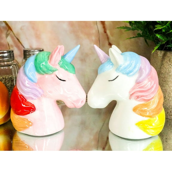 Pink and White Rainbow Mane Kissing Sacred Unicorns Salt And Pepper Shakers Set