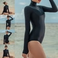 thumbnail image 2 of Women Sexy One-Piece Swimsuit Rash Guard Turtleneck Zipper Thumbhole Long Sleeve Monokini Black Diving Bathing Suit, 2 of 15