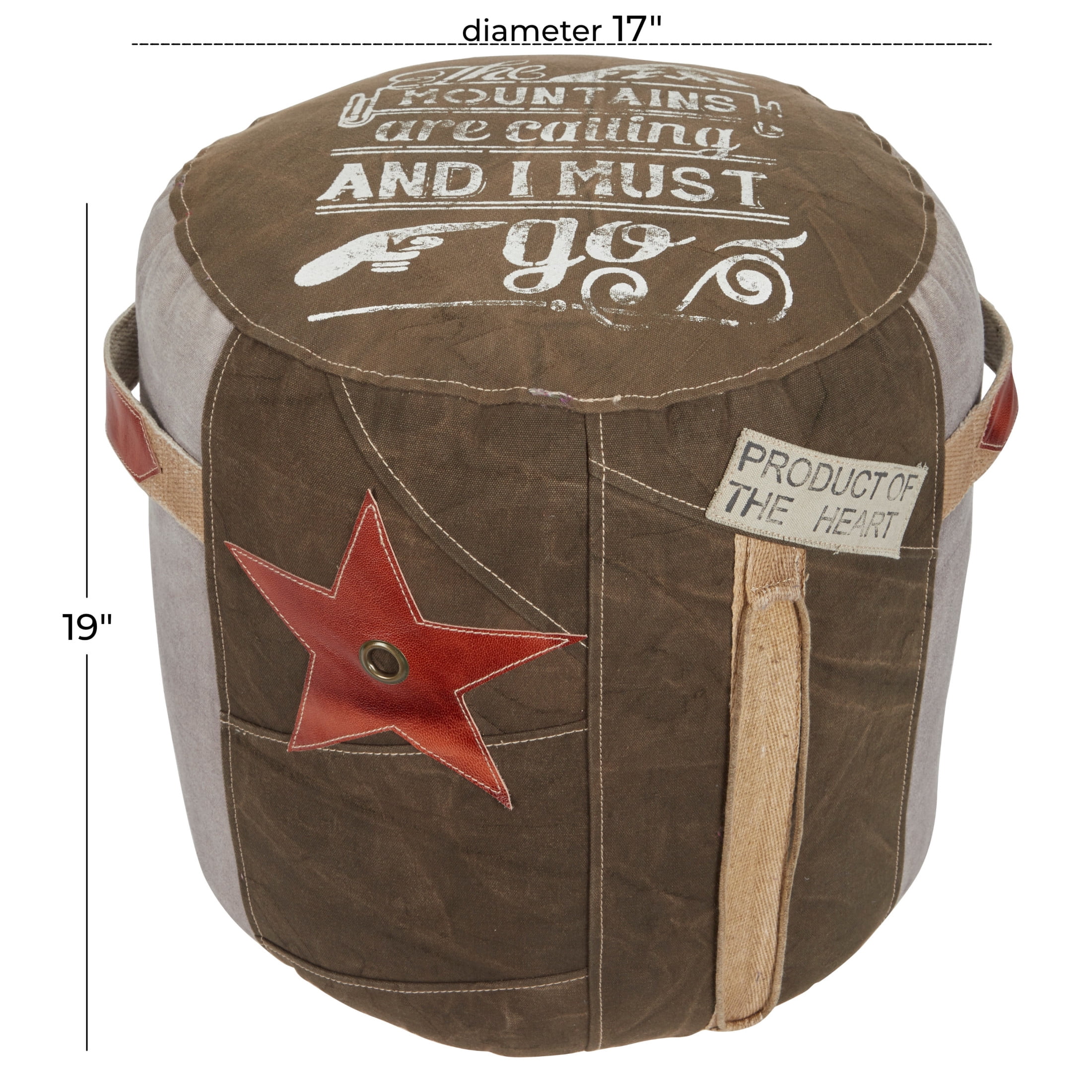 DecMode Abstract Adventure Brown Canvas Star Pouf with Gray and Leather Accents