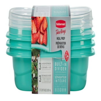 Rubbermaid TakeAlongs On the Go Food Storage and Meal Prep Containers, 3.7 Cup Divided Rectangle, 3-Pack, Teal Splash