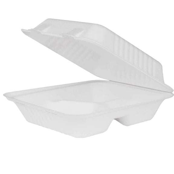 8 inch 3-Compartment Hinged Containers | Tree-Less™ Compostable Molded Fiber