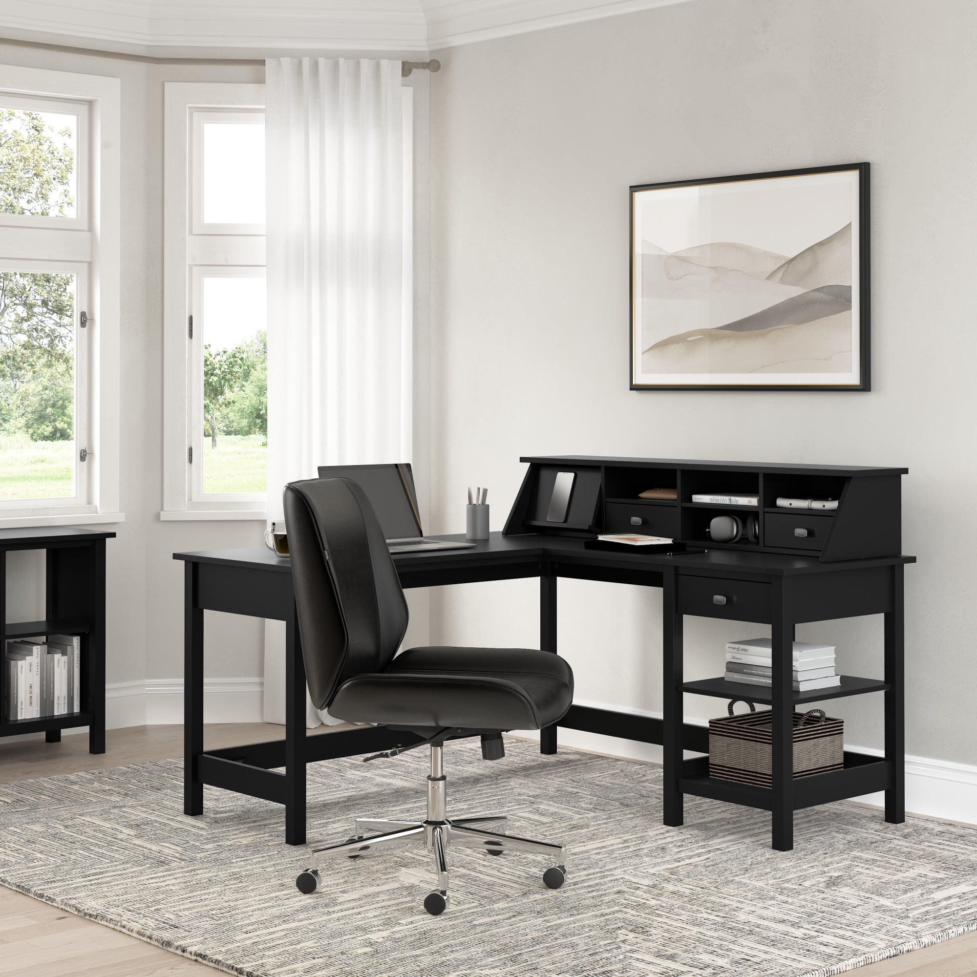 Bush Furniture Broadview 60W L Shaped Computer Desk with Storage and Desktop Organizer in Classic Black