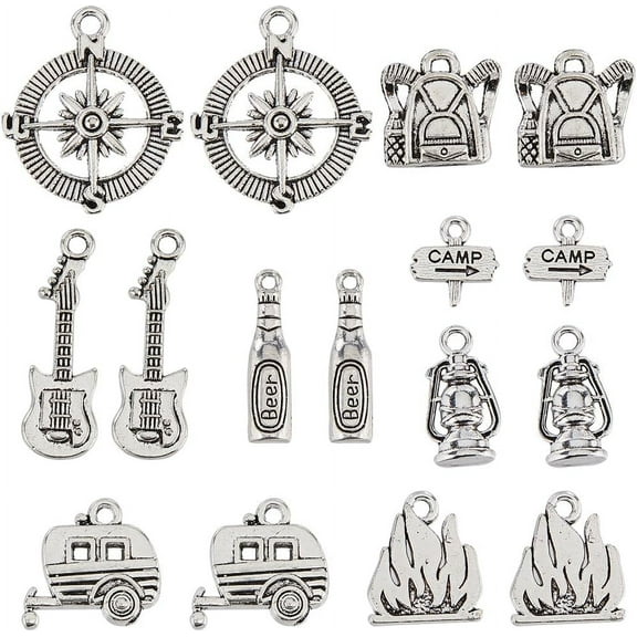 1 Box 64Pcs 8 Styles Camping Theme Charms Camp Charm Tibetan Silver Flame Campervan Compass Guitar Sign Botter Alloy Charm for Jewelry Making Charms Supplies DIY Necklace Bracelet Earrings for diy