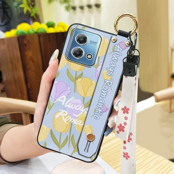 KDY-Phone Case For MOTO G Stylus 4G 2023, Soft case Shockproof Anti-dust Silicone Protective Wrist Strap Flower Wristband Lanyard Kickstand Phone Holder Ring Back Cover Anti-knock