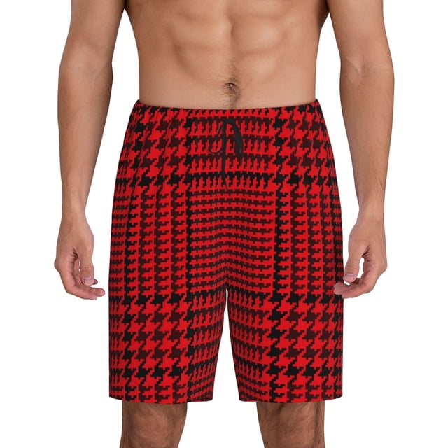 Balery Red Black Houndstooth Pantalones cortos de pijama de punto de algodón para hombre con cinturilla y bolsillos-Large