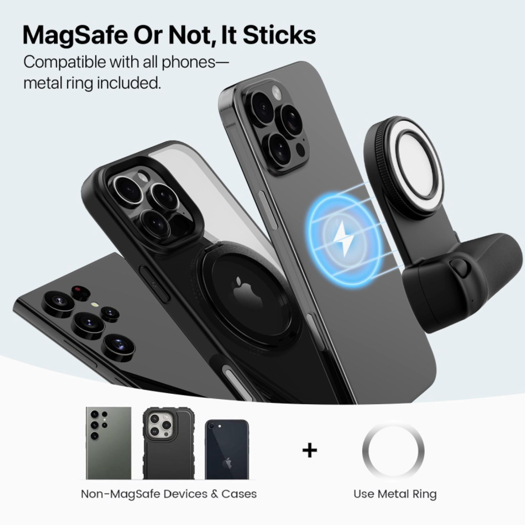 FlashBack Ring Light Shutter Grip with Wireless Shutter, Adjustable LED, and Magnetic Attachment – Black – Compatible with iPhone & Android