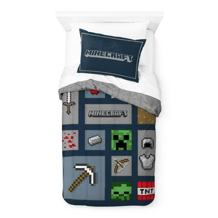 Minecraft Icons Adventure Kids 2-Piece Twin/Full Reversible Comforter and Sham Bedding Set, Microfiber, Green, Mojang, Gaming Bedding