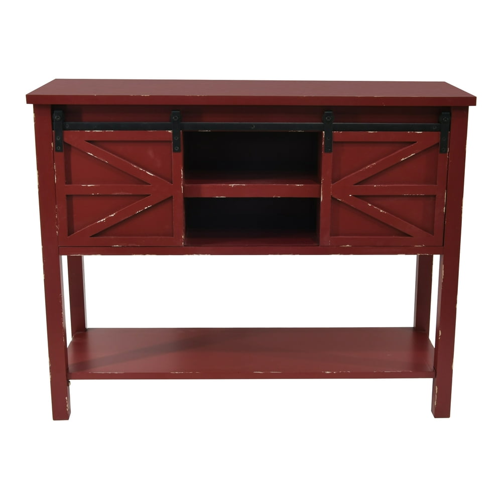 Antique Farmhouse Console Table with 2 Sliding Barn Doors and Shelf
