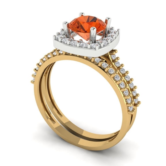 1.58 ct Brilliant Round Cut Red Zircon 14k Yellow/White Gold(multi tone) Halo Solitaire with Accents Engagement Bridal Wedding Ring Band Set size 6.25