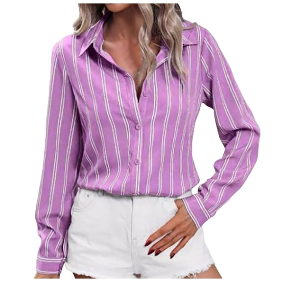 COMVALUE Women 2026 Striped Long Sleeve Dress Shirts Collared Office Work Blouses Button Up Tops (Purple, L)