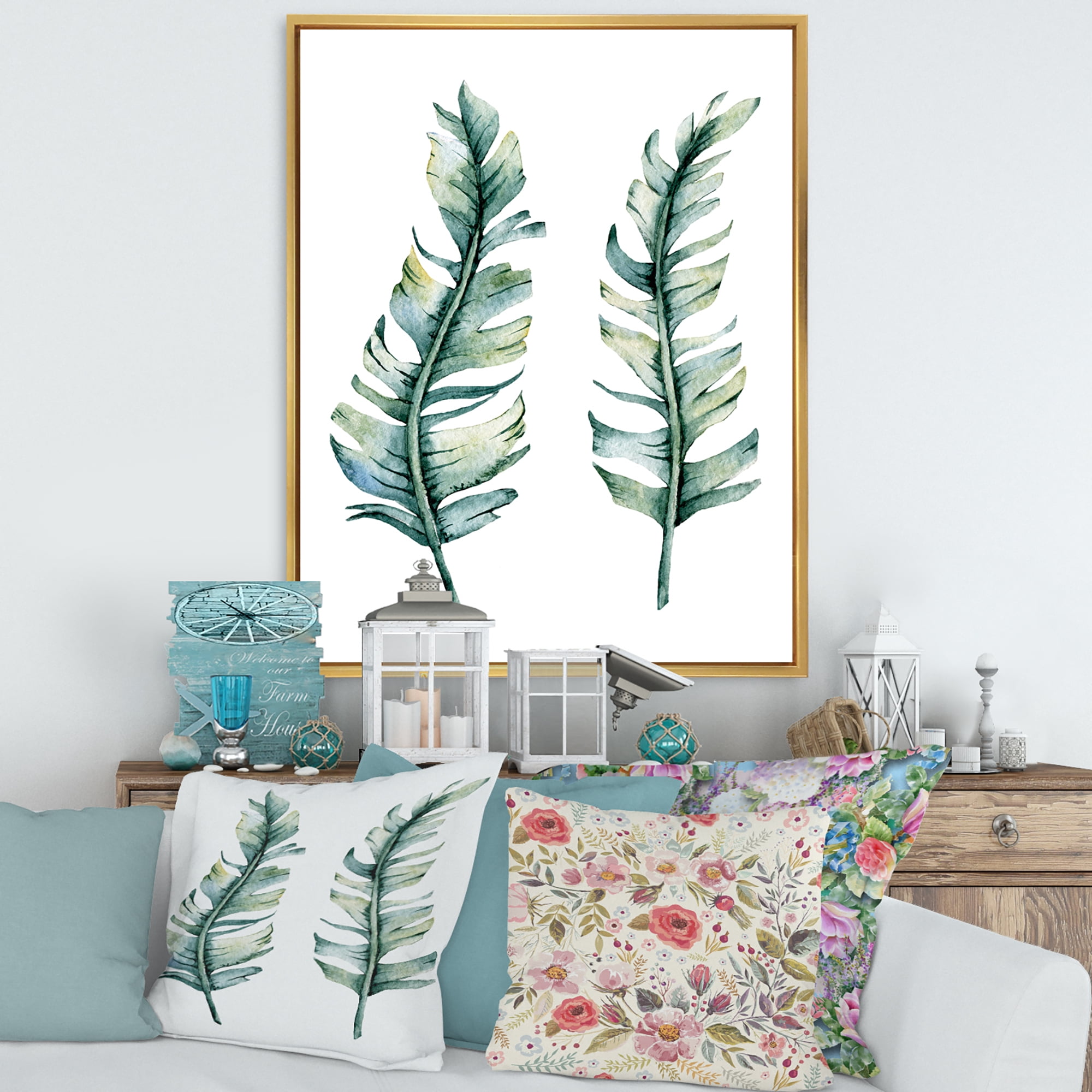 Designart 'Duo of Tropical Leaves On White' Farmhouse Framed Canvas Wall Art Print
