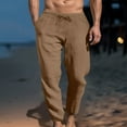 thumbnail image 2 of Wyobmus Mens Linen Pants Casual Summer Holiday Beach Pants Solid Drawstring Waist Fitted Trousers With Pocket Slacks B-Brown, 2 of 5