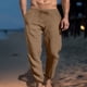thumbnail image 1 of Pantalones largos para hombre, informales, de lino, con cordón, bolsillos, cinturón elástico, rectos, lisos., 1 of 6