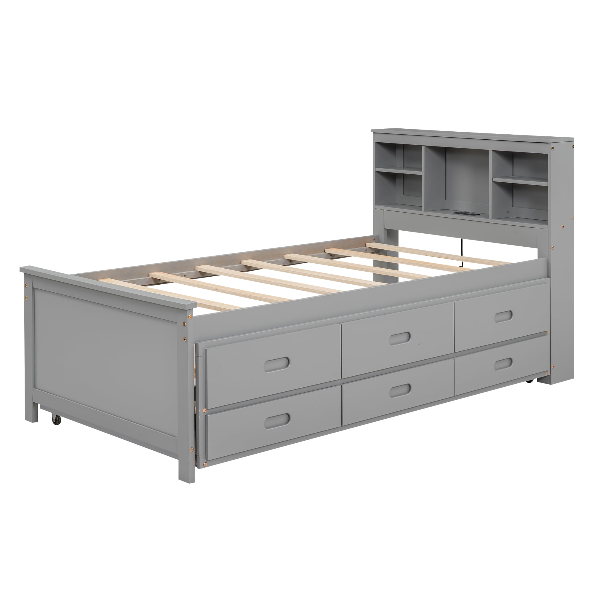 Euroco Wood Twin Size Platform Bed with Storage Trundle Bed and Drawers, USB Charging and Shleves, Gray