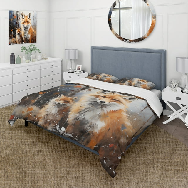 Designart "Creature Auburn Canine" Animals Bedding Covert Set - Fox Orange Children's Art Bed Set With 2 Shams
