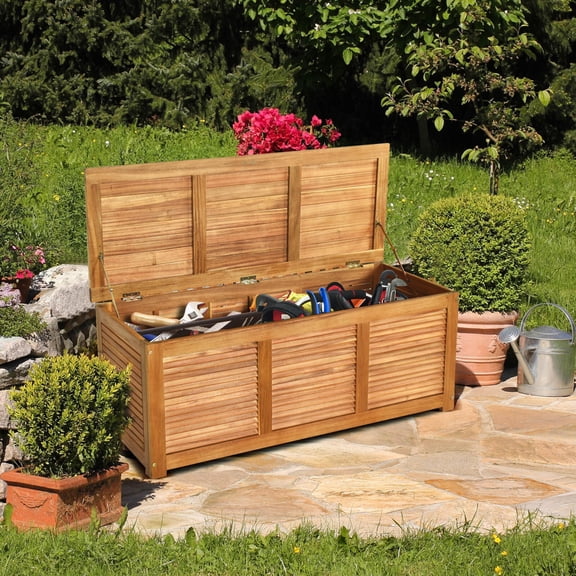 Acacia Wood Storage Bench Box, 46 Gallon, Flip-Top Lid, Galvanized Handle, Indoor Outdoor Use