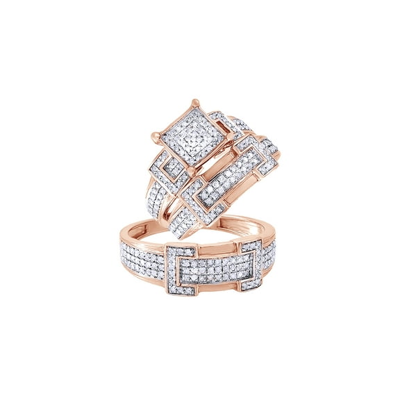 AFFY White Natural Diamond Wedding & Engagement Trio Band Ring Set In 10k Rose Gold (0.95 Cttw)