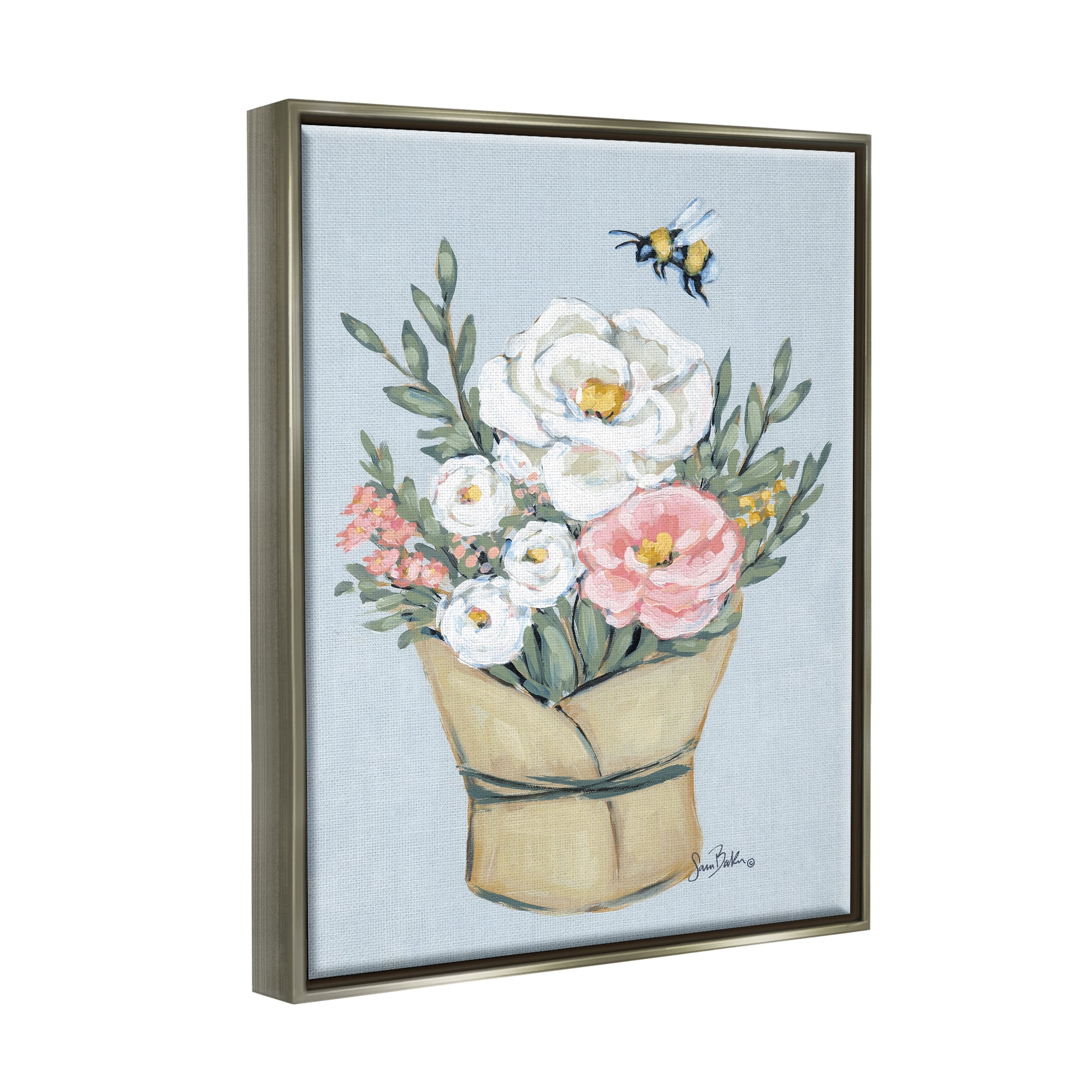 Stupell Industries Pink & White Bouquet Botanical & Floral Painting Gray Floater Framed Art Print Wall Art, 17 x 21