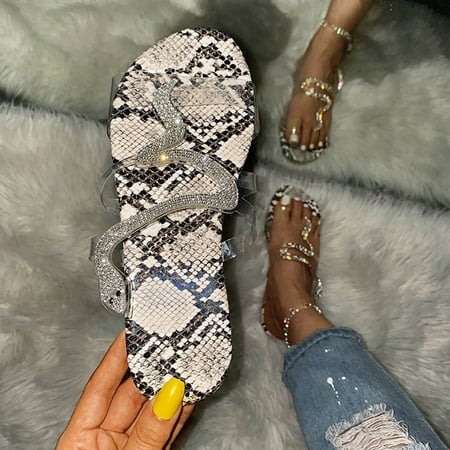 

KKCXFJX slippers for women Women s Summer Transparent Flat Snake Sandals Slippers With Rhinestones Slippers