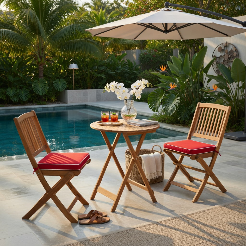 Hommoo 3-Piece Foldable Outdoor Bistro Set, Acacia Wood Patio Chairs & Round Coffee Table with Removable Cushions, Red