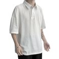 thumbnail image 3 of Blusa de manga corta con cuello hacia abajo para hombre, camisa con botones de color liso, informal, elegante, de verano, para fiesta, color blanco, XL, 3 of 8