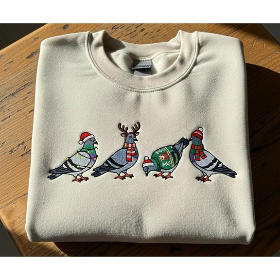 Christmas Pigeon Embroidered Shirt Funny Bird Christmas Ugly Xmas Sweater Style Top | Animal Lover Holiday Gift Winter Crewneck for Her