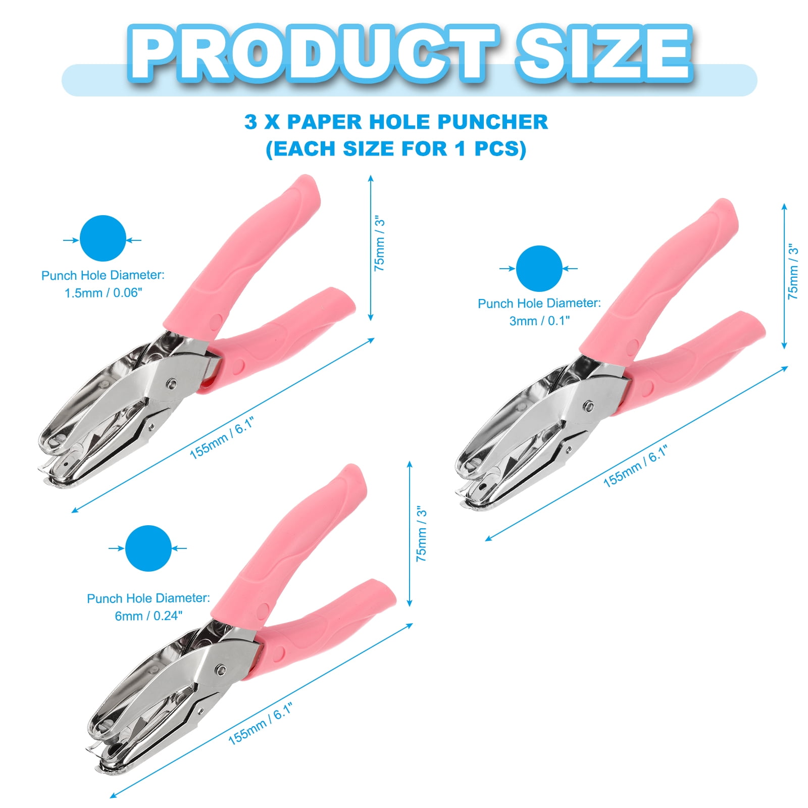 Uxcell Single Hole Punch, 3Pcs Handheld Hole Puncher with Soft Handle Metal Paper Puncher for Tag DIY Craft Scrapbook