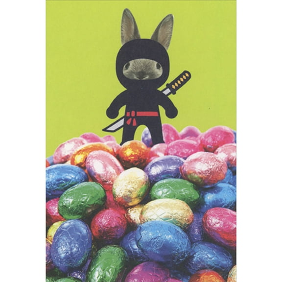 Recycled Paper Greetings Ninja Bunny Guarding Foil Wrapped Eggs Funny / Humorous Easter Card