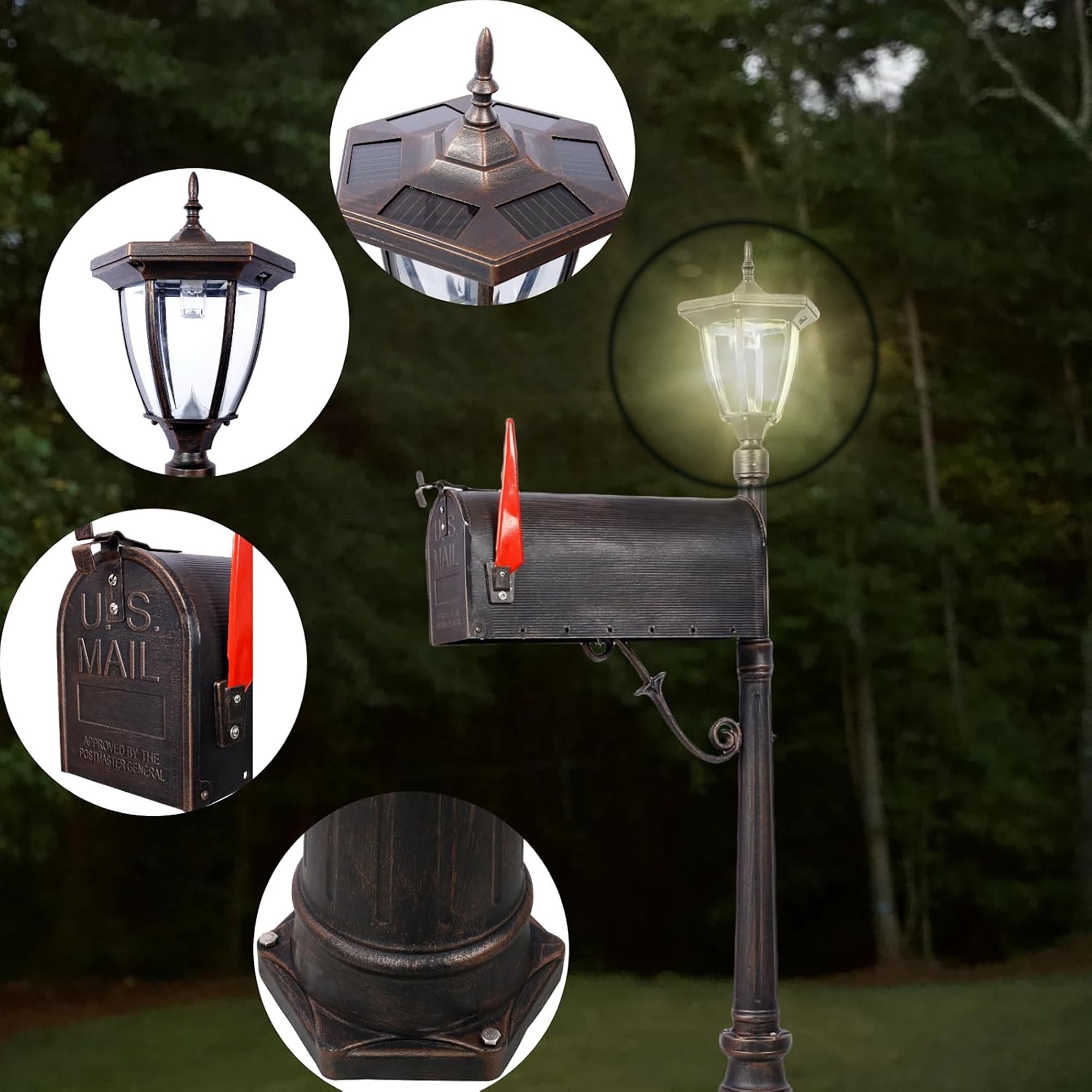 Large Mailbox with Post &Solar Lights Combo, Stratford Heavy Duty Cast Aluminum Mailboxes for Outside,Decorative Modern Mail Box for Homes