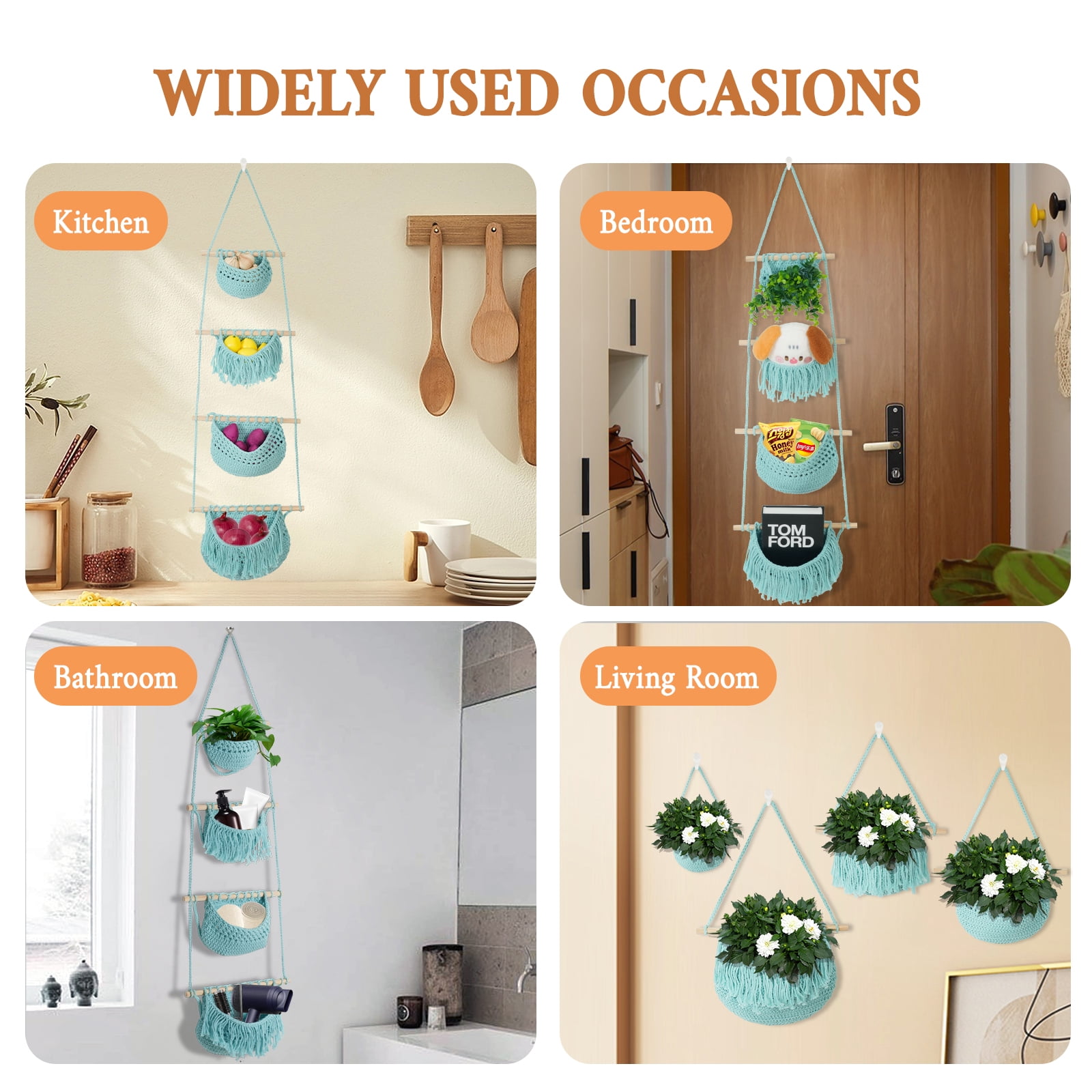 4 Tier Hanging Fruit Basket, Aqua Boho Handwoven Cotton Rope Macrame Fruit Storage for Kitchen Bathroom Bedroom, Detachable Wall Hanging Basket Over Door Organizer for Fruit Veggie Plant Decor