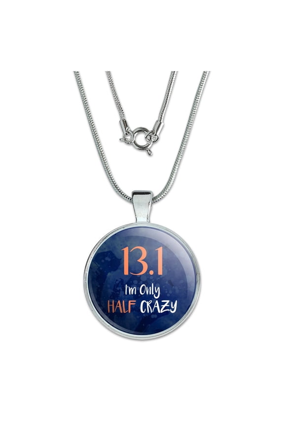 13.1 Half Marathon Half Crazy Running Runner 1" Pendant with Sterling Silver Plated Chain