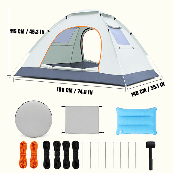 Camping Tent, Pop Up Tent with 2 Doors, 2 Windows and Skylight, 74.8 x 55.1 x 45.3 in, Gray