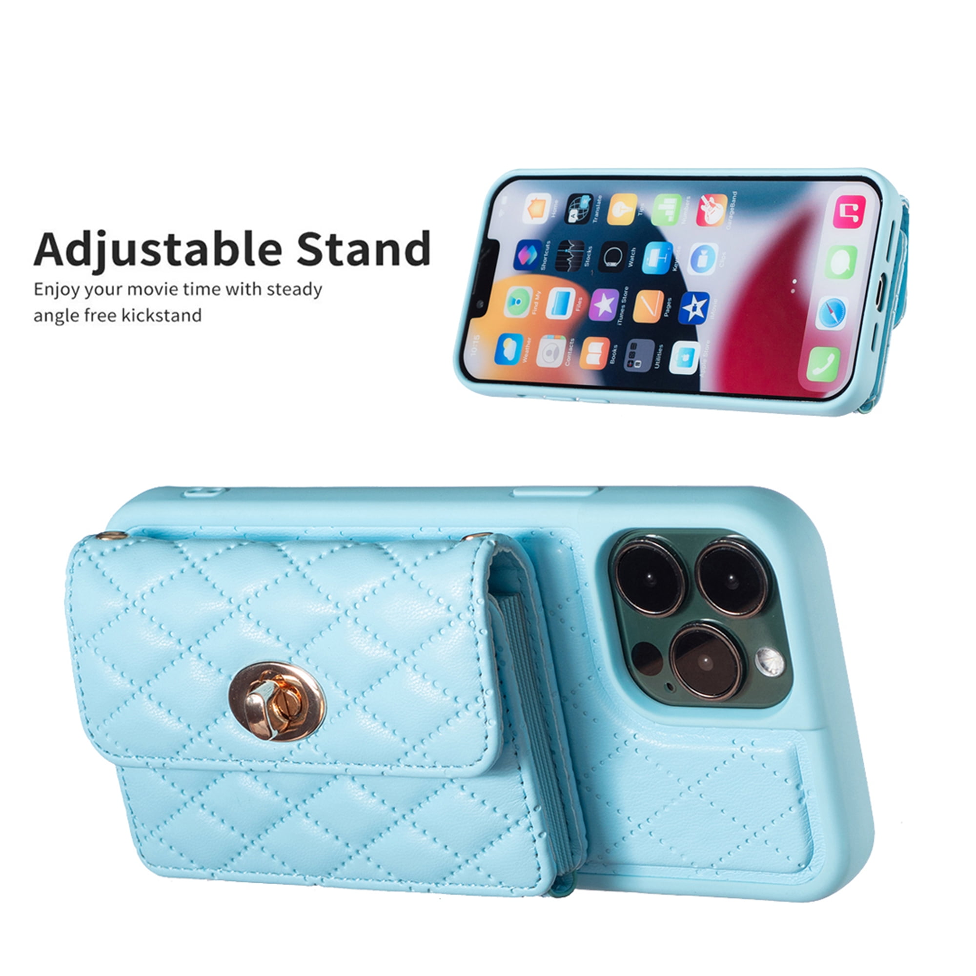 ELICA Wallet Case PU Leather Card Holder with Adjustable Lanyard Strap  Protective Case Mini Bag for Women Girls, Compatible for iPhone 14 Plus -  Blue