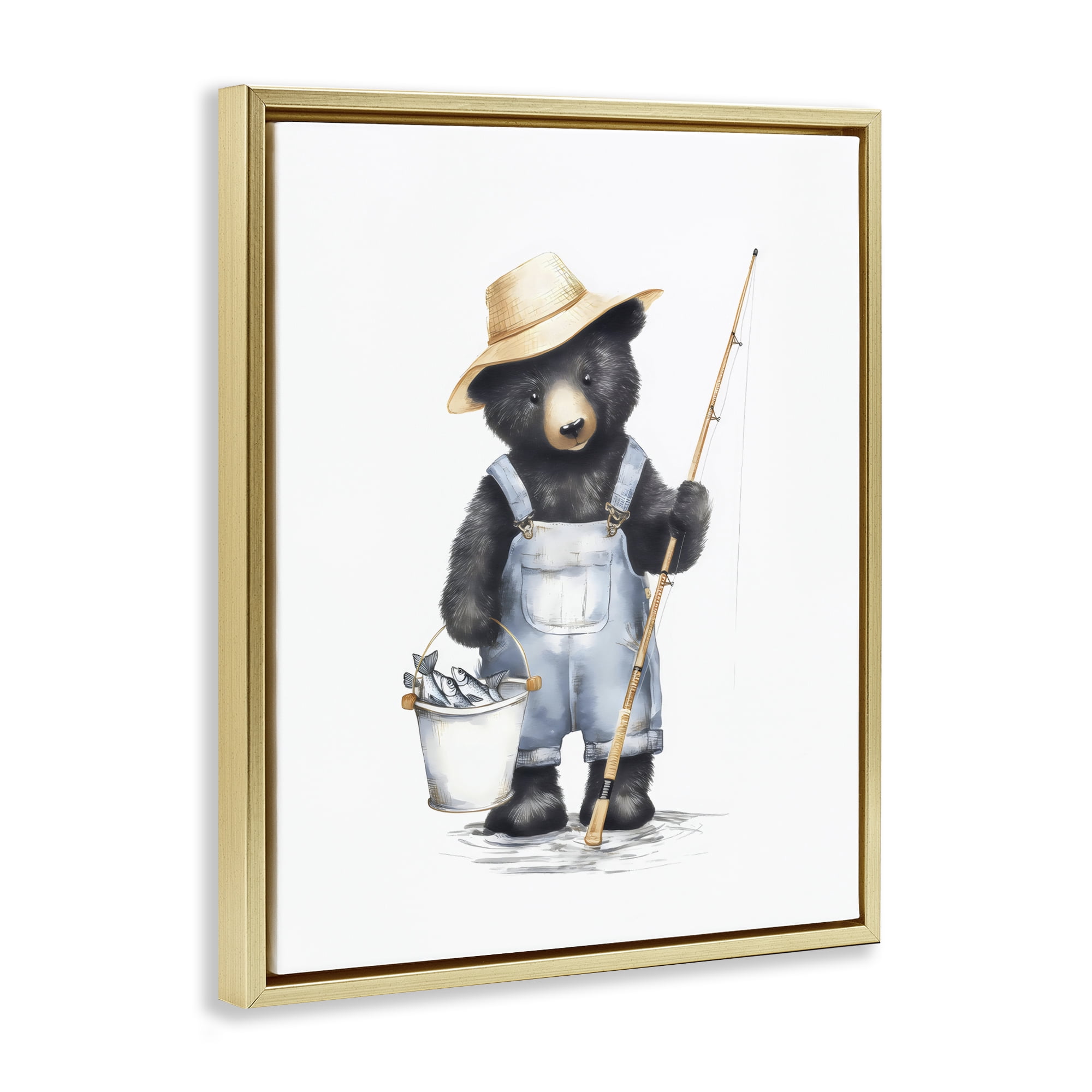 Stupell Industries Fishing Bear in Straw Hat Gold Framed Floater Canvas Wall Art, design by Arlington Prints