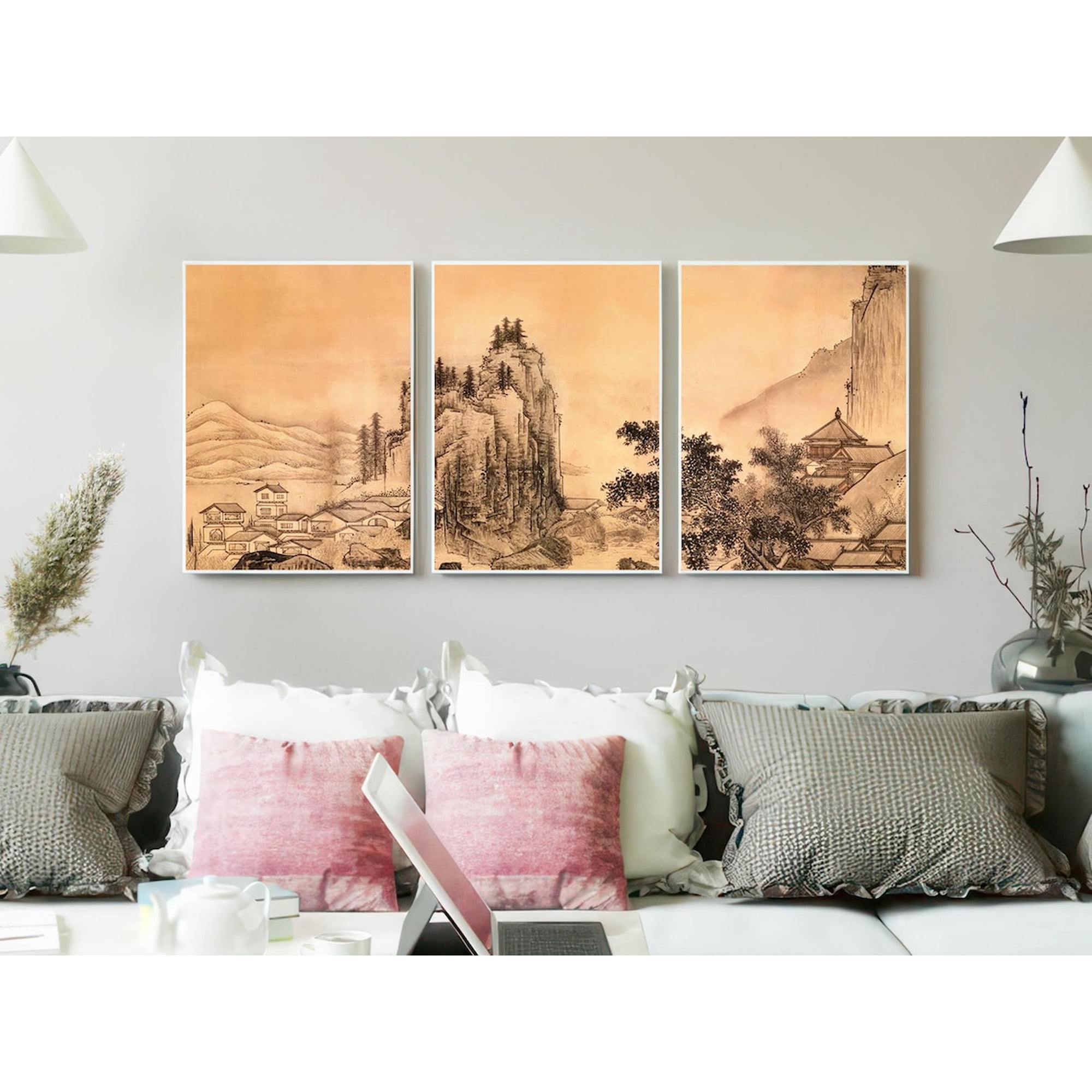 Set of 3 Japanese Ink Landscape Wall Art Sepia Village & Mountain Triptych Traditional Asian Decor Vintage Scroll Style Gallery Set Poster Only