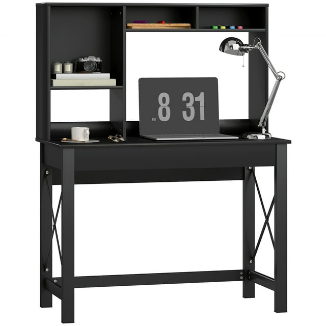 HOMCOM Computer Desk with Storage, Study Table with Hutch, Shelves, Black