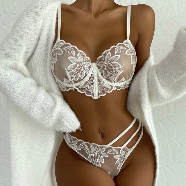 Conjunto de lencería para mujer, dos piezas, lazo, malla transparente, encaje, anillo de acero, sujetador, tangas, lencería con aros, ropa interior erótica íntima Tan Jianjun unisex