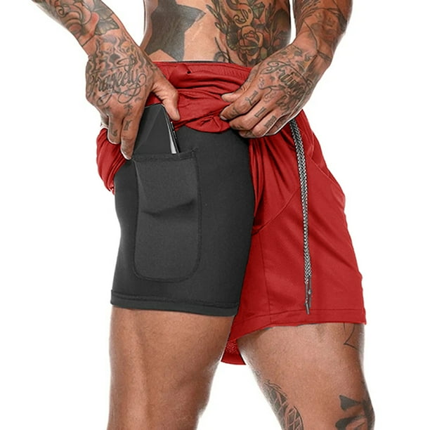 Shorts deportivos 2 en 1 para hombre Hombres 2-en-1 Entrenamiento Pantalones cortos para correr Deporte Cadera Fitness Ligero Gimnasio Yoga Entrenamiento Ropa deportiva Corbata Cinturón Cintura Pantal