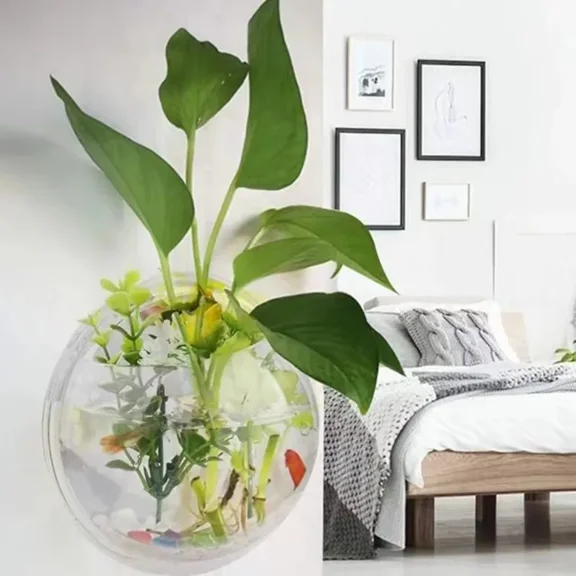 Wall Hanging Acrylic Fish Bowl Clear Aquarium Tank 1.5L Capacity Wall Mount Betta Fish Display Container for Home Office Decor