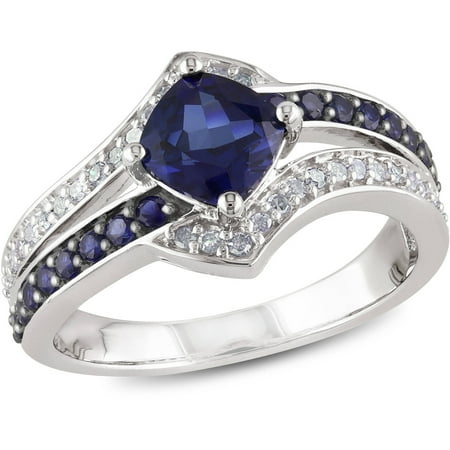 1-3/5 Carat T.G.W. Created Blue Sapphire and 1/6 Carat T.W. Diamond Sterling Silver Double Row Semi-Eternity Ring