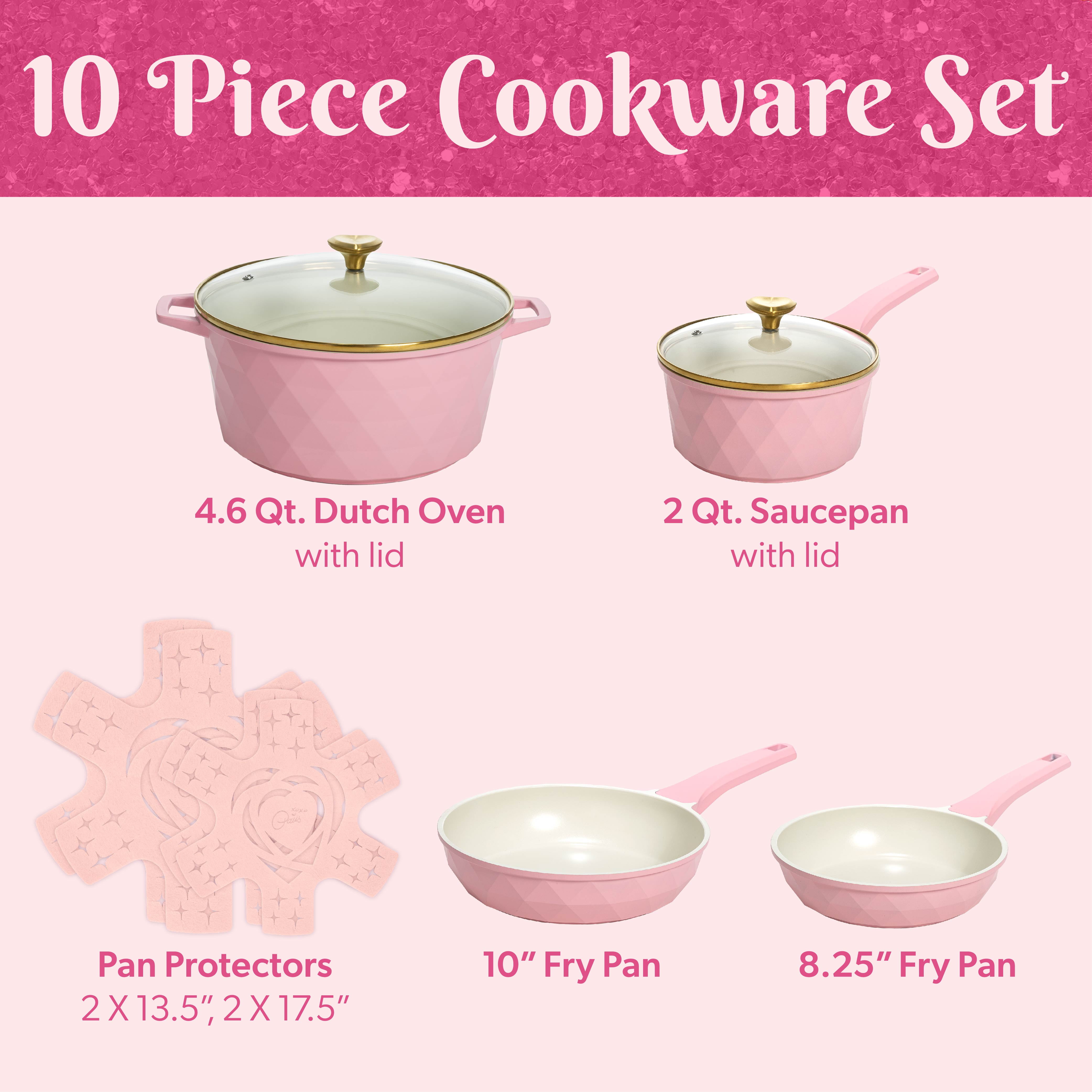 Paris Hilton 10-Piece Ceramic Nonstick Cookware Set with Pots & Pans, Clean Ceramic™ Coating, Faceted Pink Design