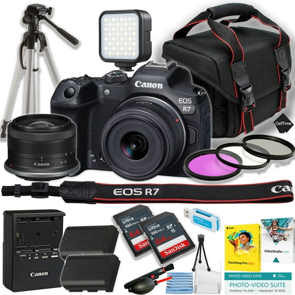 Canon EOS R7 Mirrorless Camera w/18-45mm lens   2pc SanDisk 64GB Ultra Memory Card   Spare High Copacity Battery   More (18pc Bundle)