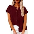 thumbnail image 3 of Feancey Business Casual Linen Shirts for Women Roll Up Short Sleeve Collarless Blouses Lightweight Breathable Gauze Shirt Dressy Summer Tops Wine XL, 3 of 8