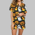 thumbnail image 2 of Enjoytime Halloween Pajamas for Women Pumpkin Ghost Print Short Sleeve Button Down Blouse and Pants Cute Loungewear Sleepwear Black B L, 2 of 6