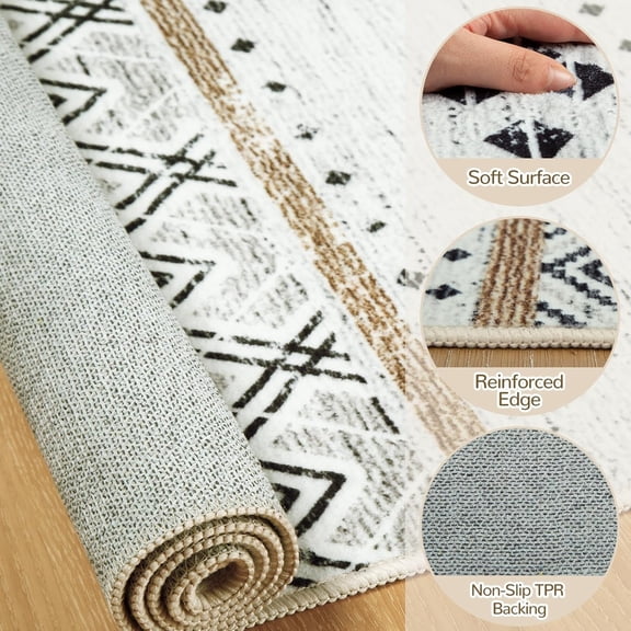 5x7 Area Rugs for Living Room Washable Moroccan Farmhouse Neutral Geometric Low Pile Non-Slip Soft Print Pattern Rug for Bedroom Kitchen Dining Room Entryway Black/Brown