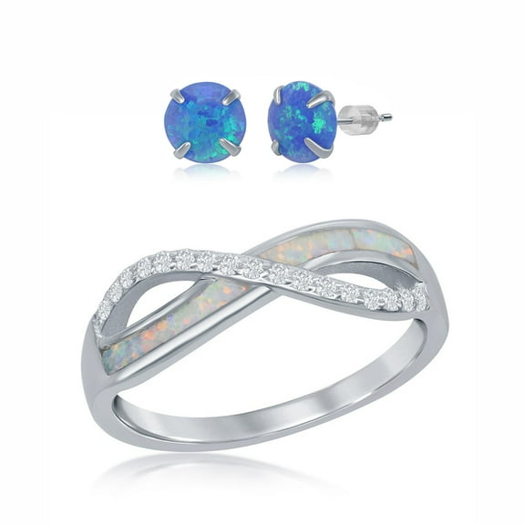 925 Sterling Silver Rhodium Plated White/Blue Inlay Created Opal with Cubic Zirconia Infinity Ring Including 6mm Round Blue Created Opal Stud Earrings Jewelry Set
