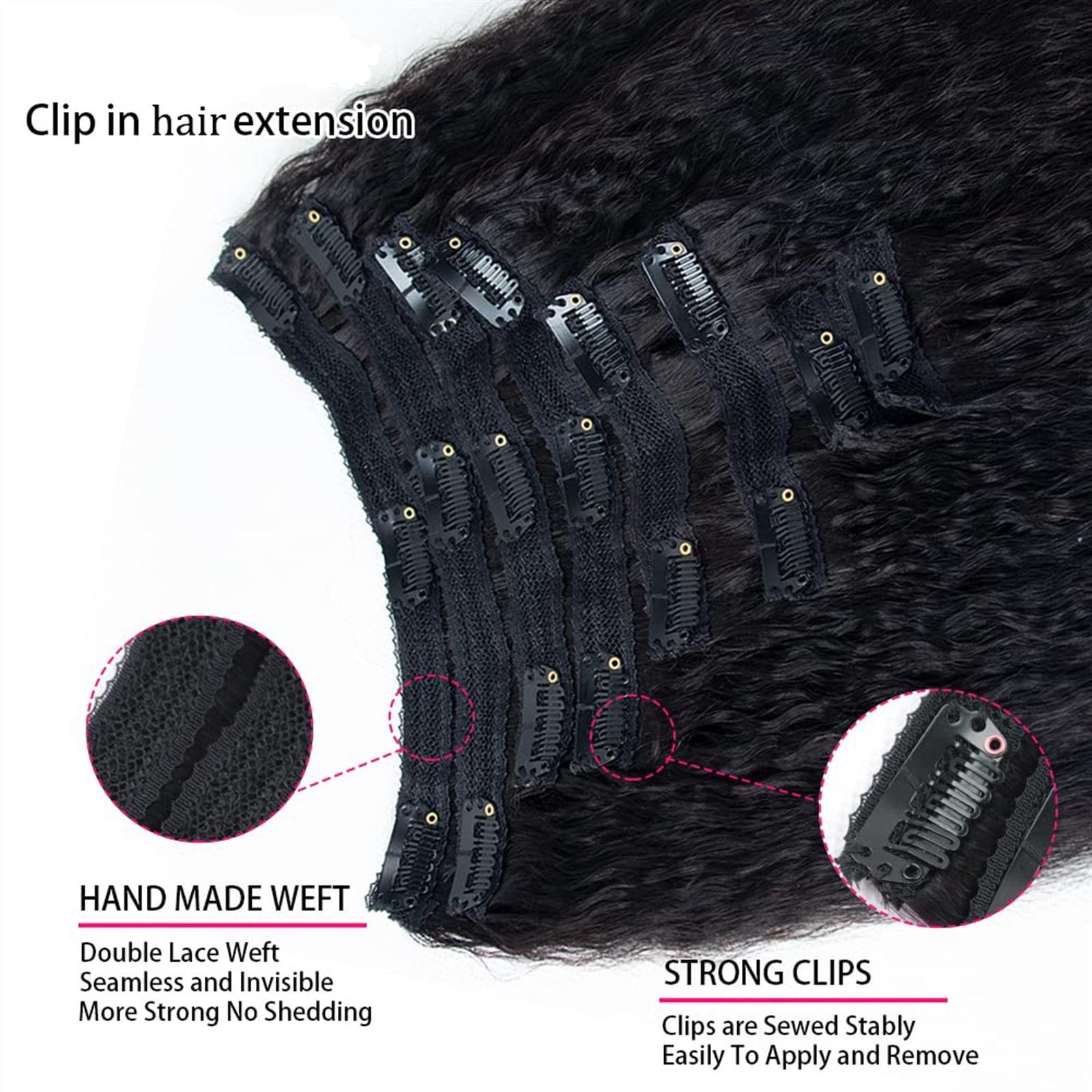 Kinky Straight Clip In Hair Extensions Human Hair Clip In Extensions for Black Women #1B Natural Hair Black Kinky Yaki Straight Clip In Brazilian Virgin Human Hair 8Pcs