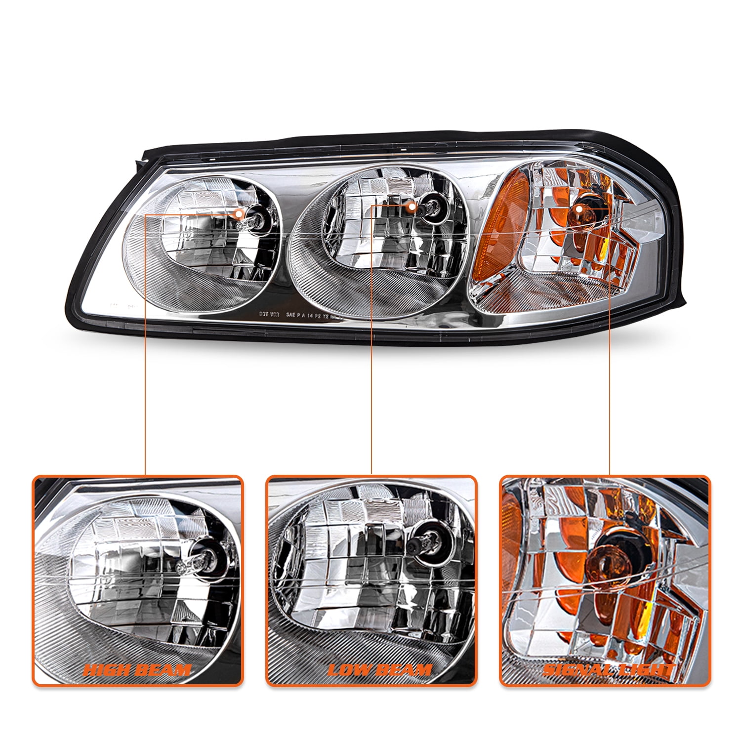 Bryght Impala Chrome Headlights 100w, Amber Halogen Headlights Bulb fits 2000-2005 Chevy Impala