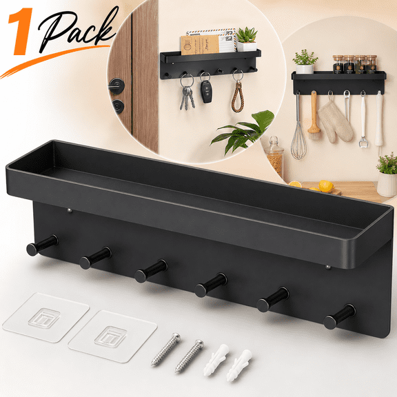 Key Holder Wall Mount, Key Holder Wall Mount Adhesive with Mail Organizer Tray with 6 Key Hooks for Wall, Black