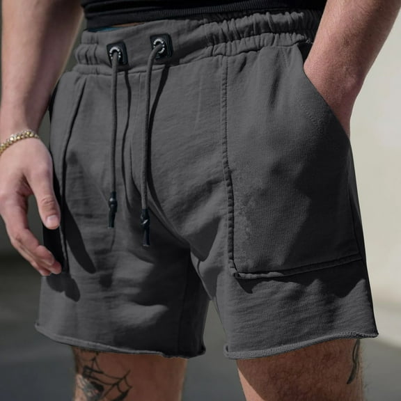 Shorts Men Casual Solid Color Casual Drawstring Pockets Elastic Sports Shorts Cargo Shorts for Men Dark Gray L